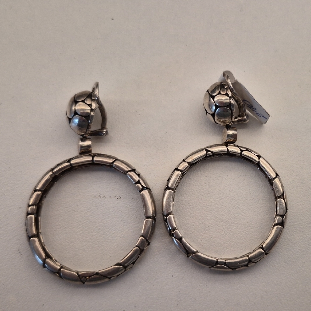 John Hardy Clip On Sterling Silver Hoop Earrings 2 Inches